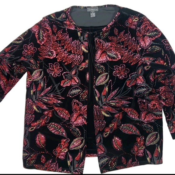 Elementz Woman Black Floral Glitter Print  Velour Jacket Size 3X Fairy Holiday - Picture 4 of 12